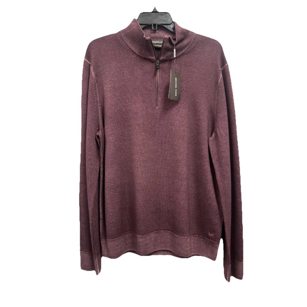 Michael Kors Men’s L Sweater Half Zip Pullover Merlot 100% Extrafine Merino Wool
